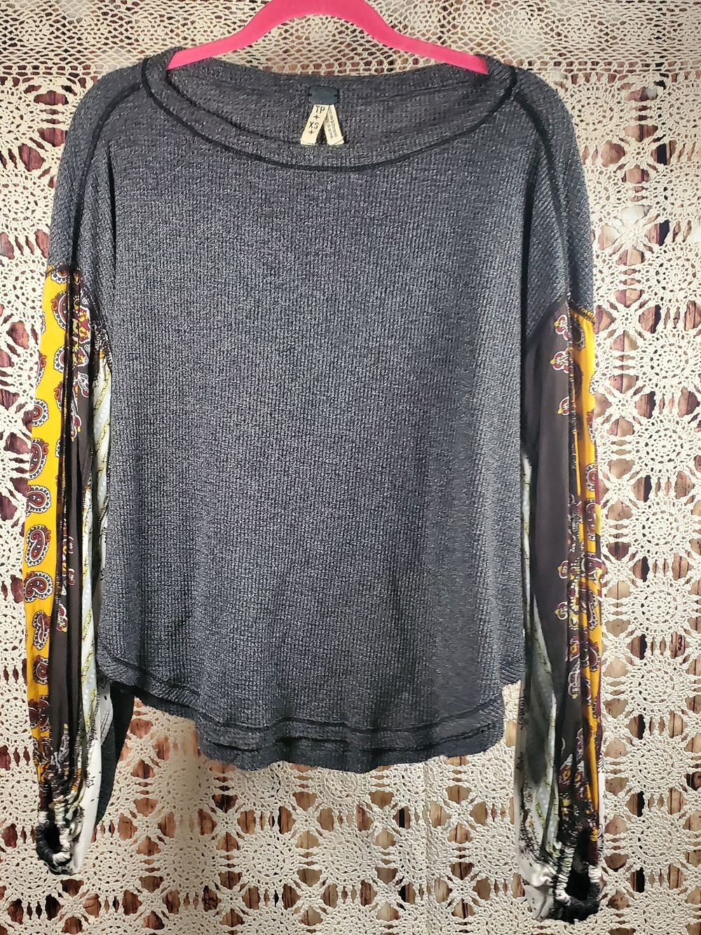 Free People We The Free Oversized Gray Waffle Knit Top With Balloon Sleeves - Picture 6 of 9
